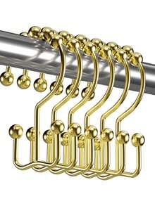 12 piezas Ganchos de cortina de ducha de metal color dorado con bolas deslizantes para mayor durabilidad, resistentes al agua y al óxido, ganchos decorativos dobles para cortinas de ventana y ducha, decoración de baño, decoración de otoño, accesorios de baño, de vuelta a la escuela - Dorado - Ver 10