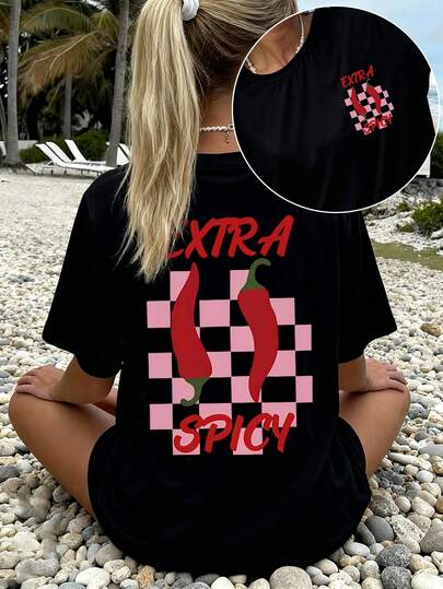 Blusa casual de cuello redondo con estampado de viento de playa de chile, adecuada para uso primaveral y veraniego, ropa de mujer.