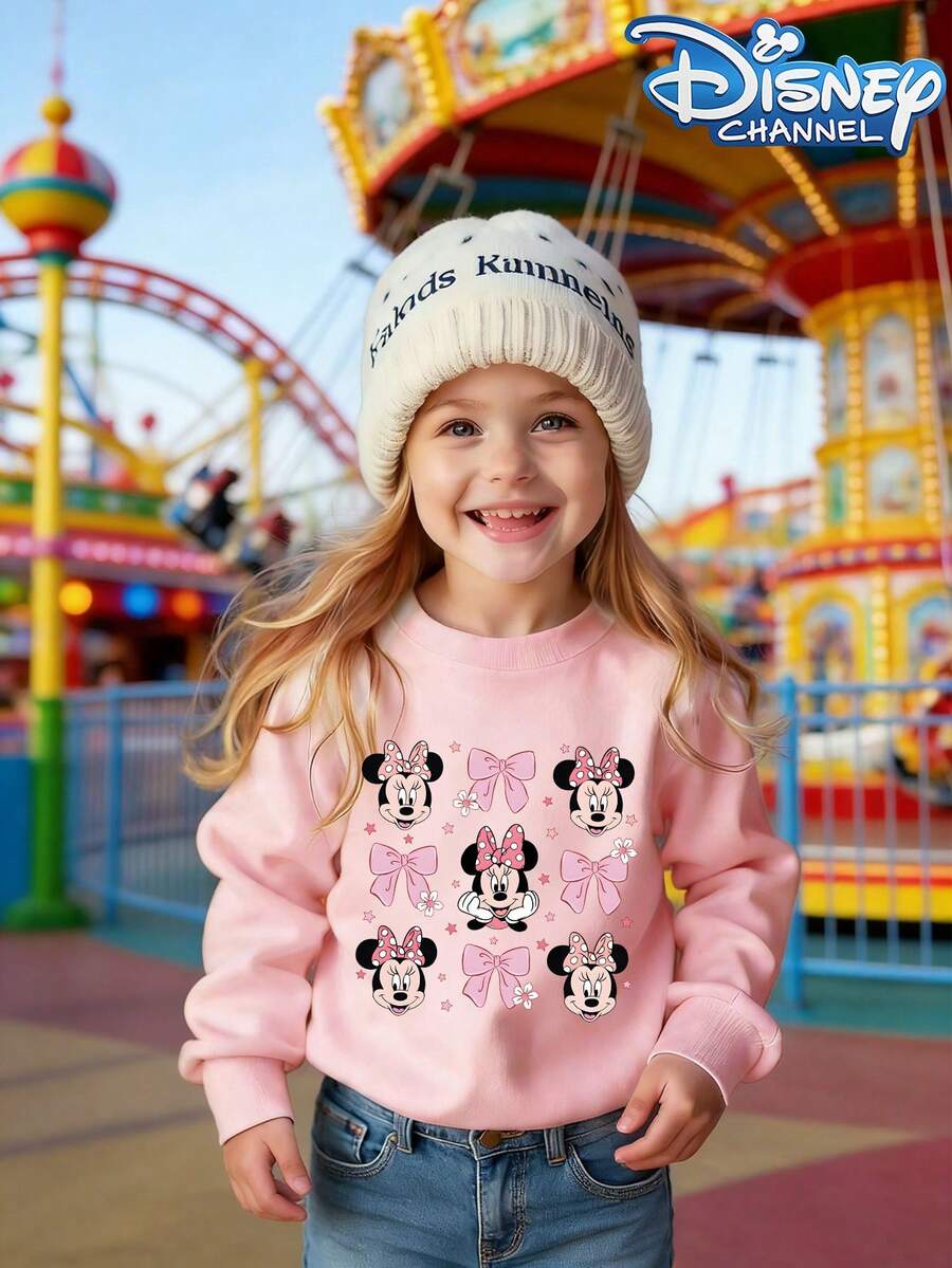 Disney Pink Minnie Mouse Pattern Hoodie - Round Neck, Casual Summer Top, Suitable For Both Boys And Girls. Perfect For Holiday Parties, Gatherings, Outdoor Activities, And Everyday Casual Wear. - Hồng - Xem 1