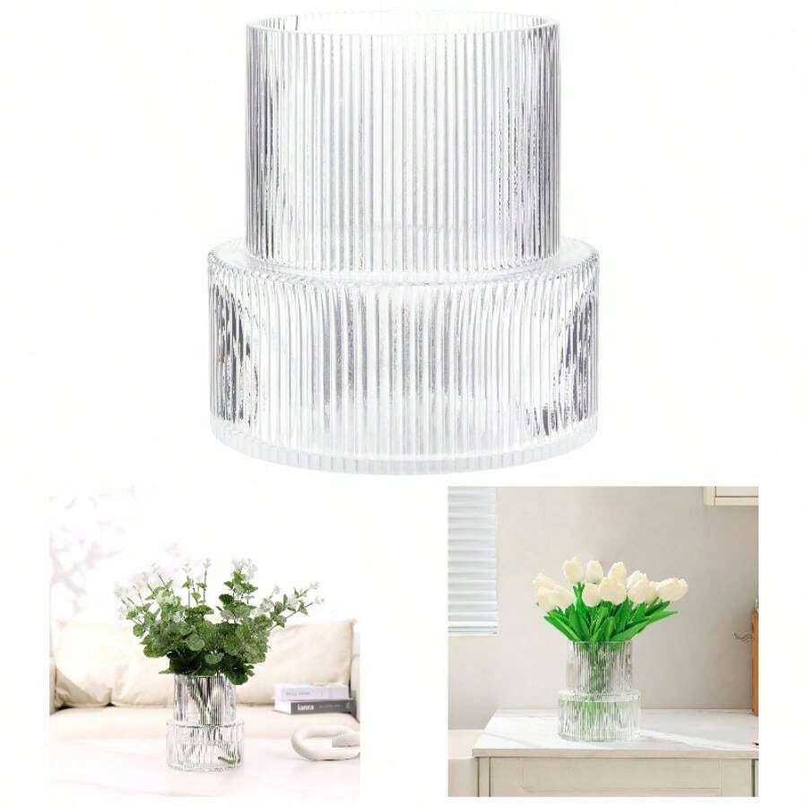 Ribbed Glass Vase, Flower Vase, Fluted Vases Flowers, Modern Vases Living Room, Dining Table, Entryway, Shelf, Wedding, Office, Coffee Table, Birthday, 5 Inches - 清晰+大 - View 1