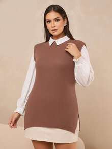 Colete Feminino Tricot Fang Max Sem Manga Social Fenda Lateral Tricô Moda Outono Inverno - Bege - Visão 4