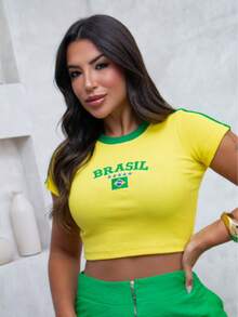Baby Look Blouse Brazil Embroidered Stars Ribbed World Cup 2026 Vibe Contrasting Waist Beach Vacation - 黃色 - 查看 3