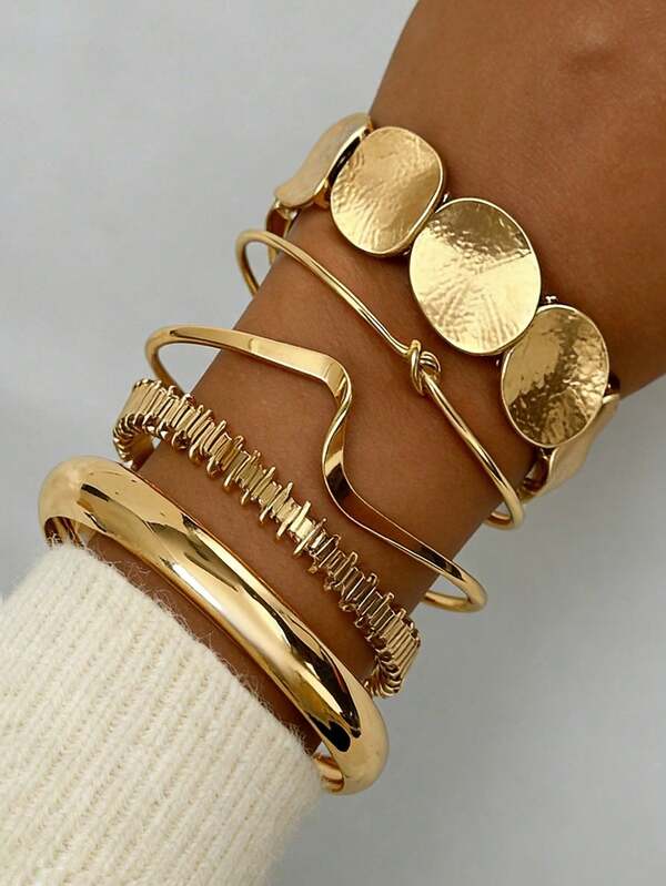 5 Peças Conjunto de Pulseiras Vintage Exageradas de Design Geométrico de Luxo em Metal Dourado Largo, Adequado para Uso Diário e Presente
