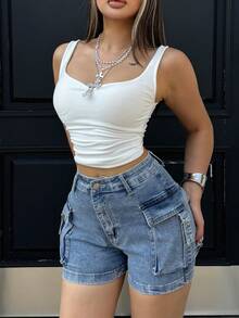 Summer Y2K Streetwear Sexy Stretchy Flap Pockets With Tape Detail Jorts Skinny Mini Cargo Denim Shorts Casual Daily Vacation Versatile For Women - Màu xanh nhạt - Xem 5
