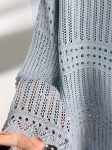 Women's Loose Knit Hollow Crochet Cover Up, Round Neck Long Sleeve Lightweight Sheer Top, Spring/Summer - Blue-gray - View 5