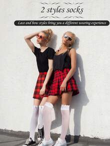 2pcs Women's Bow Tie Thigh High Sheer Lace Stockings - White - View 2