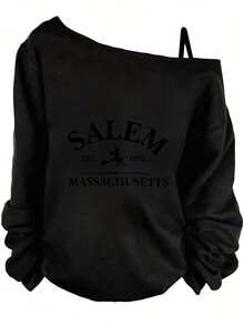Halloween Outfits For Women, Salem Witch Graphic Off The Shoulder Long Sleeve Sweatshirt, Casual Relaxed Fit, Gothic Style, Fall Vibes-Y2K Cute Tops, Casual Streetwear, Graphic Tees Women, Daily Outfits - 黑色 - 查看 7