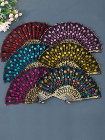 1件装装饰折叠蕾丝手扇套装，彩色刺绣花卉图案手持扇，便携式降温扇，适合家居装饰、服装、婚礼派对礼品、夏季户外旅行、舞蹈表演、舞台表演、办公室和卧室使用。