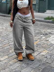 Boyfriend Style Women's Denim Jeans (Couple Style Plus Size Retro Jeans), Spring Fashion Sports Jeans, High Waist, Full Length, Casual Outdoor Pants, Multi-Functional Daily Wear, Casual Street Style, Suitable For All Seasons - Xám - Xem 6