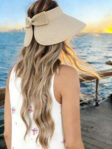 1顶时尚可折叠女士帽子，带蝴蝶结、马尾辫孔、无帽檐，适合户外、海滩、旅行、防晒，巴拿马草帽 - 米色 - 查看 2