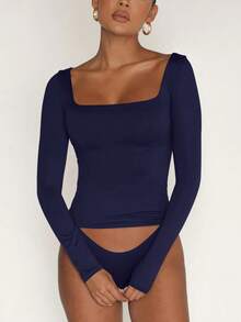 XLLAIS Áo thun dài tay dáng rộng mùa xuân/hè 2026, chất liệu co giãn cao cấp, hai lớp, cổ tròn, màu trơn. - Xanh đậm - Xem 8