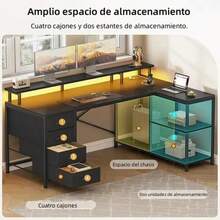 Escritorio reversible en forma de L con cuatro cajones e iluminación LED 130 cm de largo, con dos puertos USB y dos tomas de corriente. - Blanco - Ver 6