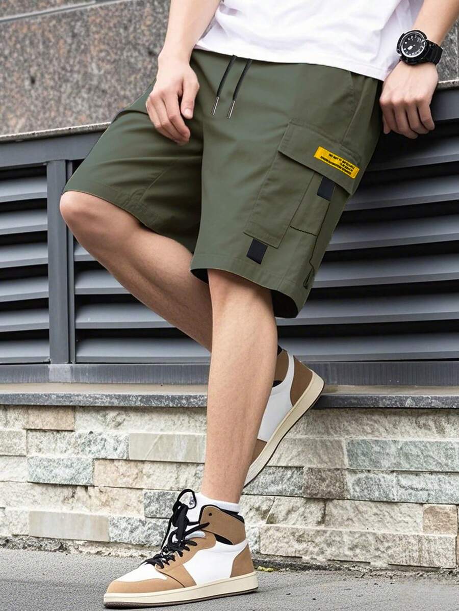 1pc Men's Summer Outdoor Solid Color Pocket Drawstring Waist Cargo Shorts - Army Green - View 1