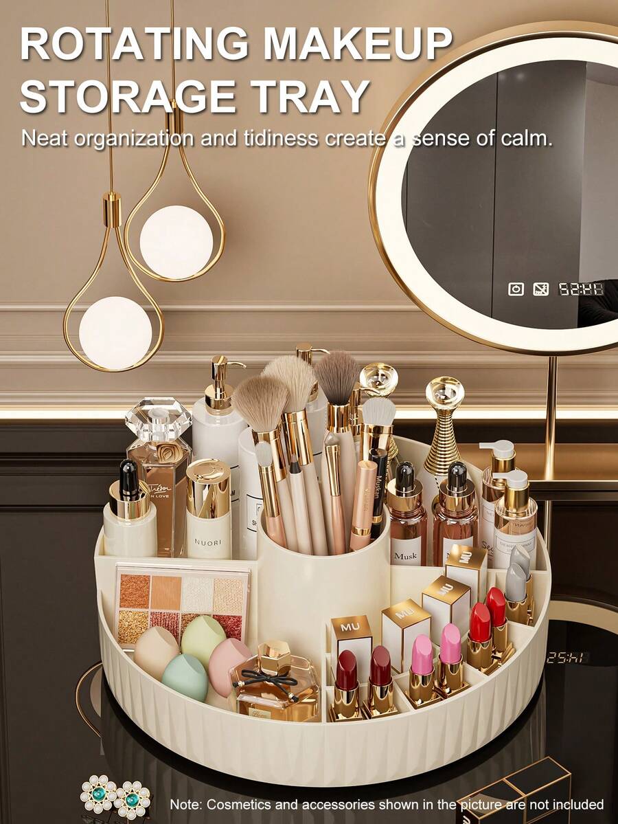 1PC Round Divided Storage Box, 360° Rotating Cosmetic Organizer Tray, 9.06"X3.39" Beauty Display Stand Suitable For Multiple Settings Including Home, Study, Vanity, And Sink Area - Multicolor - View 1