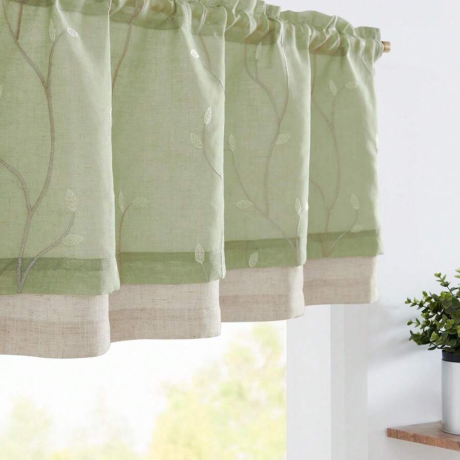 Linen Valance Sheer Double Layer Kitchen Window Curtain Leaf Embroidered Valance Living Room Cafe Farmhouse Filtering Rustic Country Curtain 18 Inch Rod Pocket 1 Panel White Home Decor - 葉子 | 米色 - 查看 1