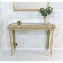 Gold Embossed Metal Mirrored Glass Console Table - Gold - View 3