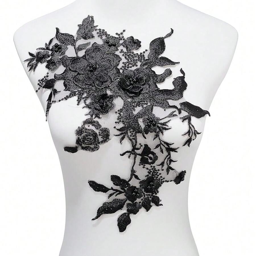 Silvora Colorful Flower Fabric Beaded Lace Applique,3D Embroidered Flower Fabric Patch For Bridal Dress, Handmade Sewing Tool For Wedding DIY Crafts(Black) - Black - 查看 1