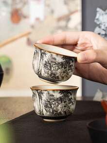 1pc/2pcs/6pcs水墨画陶瓷茶杯复古小容量意式咖啡杯品茶陶瓷杯功夫茶具茶杯普洱单杯随身杯大师杯小茶碗陶瓷杯适合茶友 - 彩色 - 查看 12