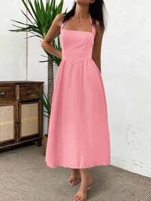 女士春夏无袖拉链褶皱连衣裙，休闲优雅风格，适合海滩、度假、约会、音乐节、情人节、生日派对等场合。 - 粉色 - 查看 6