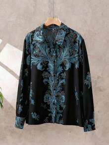 女士复古波西米亚风印花长袖衬衫，休闲时尚波西米亚风优雅春夏女士衬衫，黑色休闲女装 - 黑色 - 查看 6