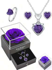 3件套心形永恒之爱项链、耳环和戒指套装，蓝紫色玫瑰优雅礼盒，是情人节、周年纪念日、生日、母亲节送给女友、母亲或自己的完美礼物，表达您的爱意。