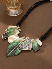 Cring Coco Women Asymmetric Green Leaf Abalone Shell Pendant Necklace, Black Wax Rope Adjustable Chunky Statement Bib Jewelry For Women Daily Party Vacation Gift - Green - View 11