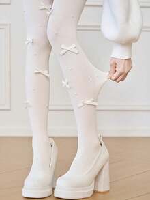 Autumn/Winter Velvet Bowknot Sheer Tights, Versatile Hosiery JK Style Cute Sweet Lolita Pearl Pantyhose Ballet Style Pure White Vertical Striped Leggings, Slimming - Multicolor - View 6