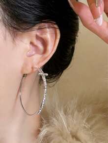 1 Pair Fashionable Exquisite Luxury Exaggerated Rhinestone Geometric Cross Hoop Earrings, Suitable For Teenage Girls Everyday And Holiday Wear - Silver - View 5