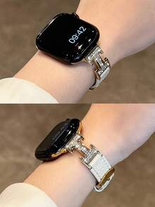 1条女士米色时尚水钻H型扣拼接皮革表带，适用于38/40/41/44/45/49/42/46mm Series 11/SE3/Ultra3/Ultra/SE/SE2/10/9/8/7/6/5/4/3/2/1 - 米色 金扣 - 查看 1