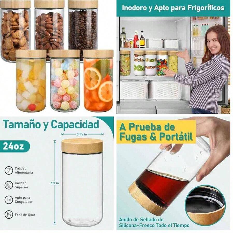 Paquete de 6 de Recipientes de Avena con Tapas de Bamb Hermticas,Tarros de Avena de Vidrio,Overnight Oats Jar Reutilizables Tarros de Vidrio para Snacks Yogur Especias Azcar(24 oz) - 24 onzas - Ver 1
