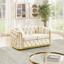 YOGLAD 1pc Luxury Italian Velvet Chesterfield Sofa Set 3+2 Seater, Split Living Room Sofa Couch With Gold Stainless Steel Trim, Button Tufted Curved Arm Velvet Sofa, Modern Light Luxury Upholstered Loveseater + 3-Seater Set With Throw Pillows For Home Living Room Apartment - 米色 - 查看 5