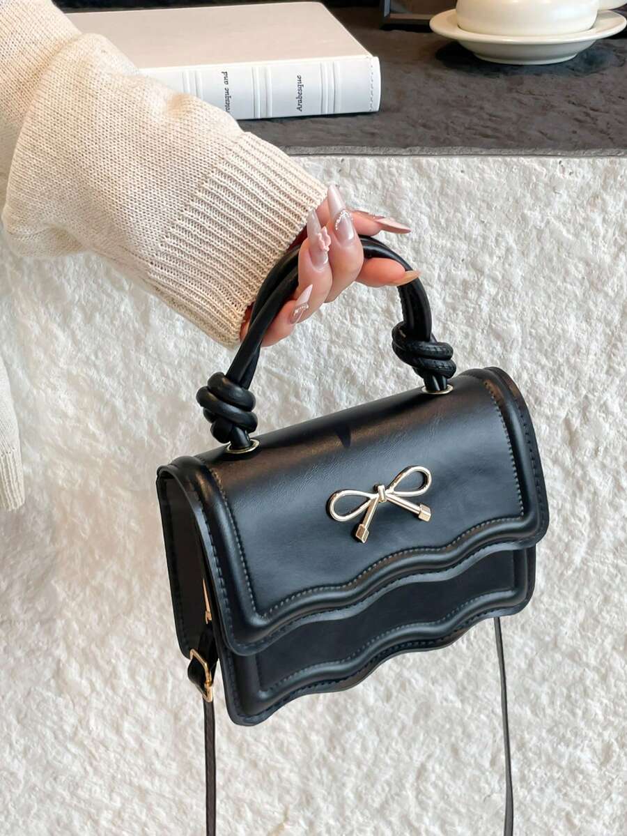 时尚纯色手提包，休闲翻盖小方包，蝴蝶结金属锁扣，女士托特包/单肩斜挎包，春夏新款 - 黑色 - 查看 1