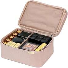 NISHEL Bolsa de maquillaje de viaje de doble capa con correa, organizador grande para cosméticos se adapta a botellas verticalmente, capa superior para pinceles, pinzas, delineador de ojos - como en la foto - Ver 4