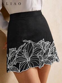 High Waist Floral Embroidery Elegant A-Line Skirt - Black - View 3