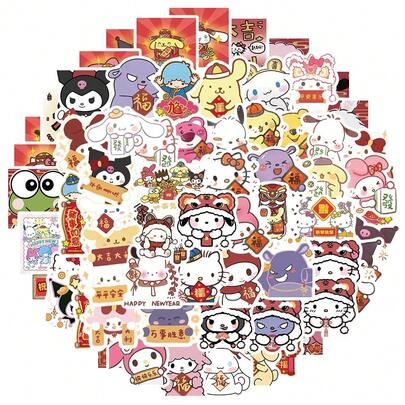 Sanrio 67张可爱卡通春节新年三丽鸥混合防水涂鸦贴纸，适用于头盔、自行车、手提包、铅笔盒等。