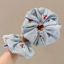 1pcs Delicate Style Blue Striped Red Bow Cherry Scrunchie Hair Tie Fashionable Hair Accessories - B - Xem 3