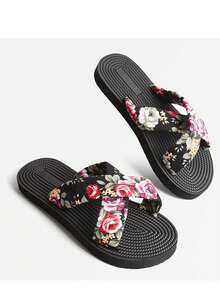 女士印花沙滩拖鞋，交叉绑带凉鞋，适合沙滩、度假、户外活动，四季皆宜