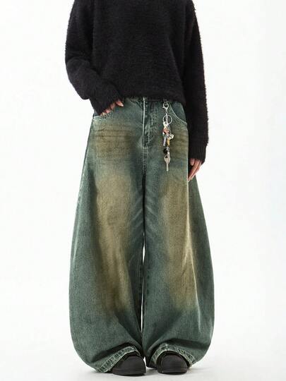 1件 Justice Brother 复古水洗宽松阔腿牛仔裤，时尚百搭的美式风格