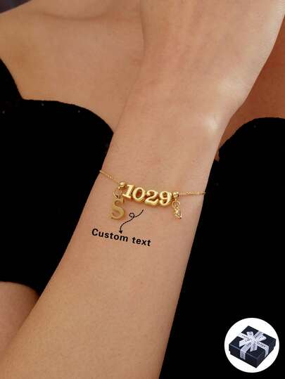 Customized Minimalist Fashionable Elegant Personalized Initial Zirconia Sparkling Accessory Numeral Bracelet, Vintage, Minimalist, Unisex, Casual, Customized, Personalized, Unique, Ideal Gift For Him/Her, Boyfriend, Girlfriend, Dad, Family, Friends, Son, Mom, Daughter, Grandparents, Suitable For Anniversary, Birthday, Daily Wear, Wedding, Graduation, Prom, Party