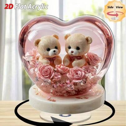 2D旋转泰迪熊玫瑰装饰 - 心形桌面摆件，双熊设计，无需电源，轻巧亚克力材质，适合家庭、办公室、婚礼、情人节等场合 - 浪漫装饰，熊主题展示，2D平面