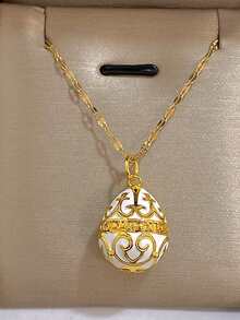 1件18K镀金白色珐琅镂空彩蛋吊坠不锈钢项链，女士奢华珠宝，适合复活节、情人节、派对、晚宴、日常佩戴、约会、狂欢节、新年、婚礼、海滩、圣诞节、周年纪念日等场合，优雅妈妈礼物，波西米亚风珠宝，生日伴娘礼物