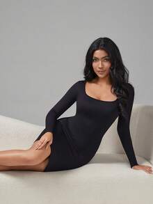 女士罗纹长袖优雅方领修身迷你连衣裙 - 黑色 - 查看 5