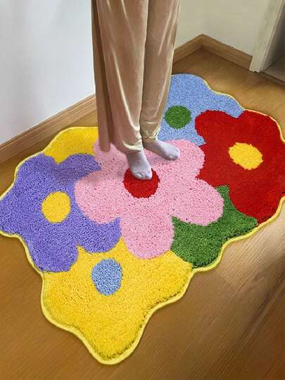 1件家用浴室地垫，仿羊绒地毯，花朵造型簇绒地垫，吸水防滑地毯，情人节可爱脚垫，适用于浴室、卧室和客厅
