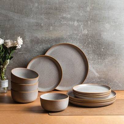 Oat Speckle Stoneware 12-Piece Dinnerware Set, Home Oat Speckle Stoneware 12-Piece Dinnerware Set