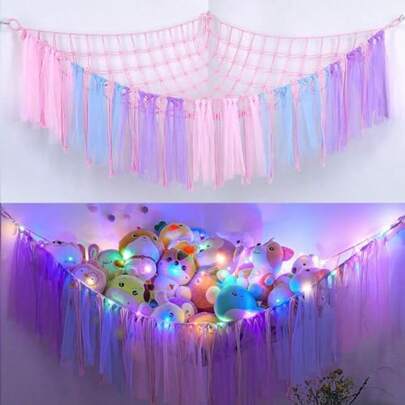 Toy Hammock Stuffed Animals Storage Net Soft Cuddly Toys Large Corner Hanging Net With LED Light Hand Woven Plush Macrame Organizer With Tassel For Bedroom Nursery