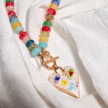 Handmade Colorful Glass Bead Necklace With Heart Pendant - Elegant O-Tassel Chain For Daily Wear & Parties, Perfect For All Occasions, Party Accessory |   Vibrant Accessory |   Handcrafted Jewelry, Necklace For - Color 5 - 查看 12