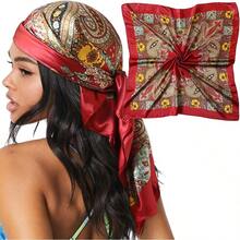 35" Large Satin Head Scarf For Women Silk Hair Scarf Solid Color Hair Bandana For Night Hair Wrap Sleeping - 紅色 - 查看 12