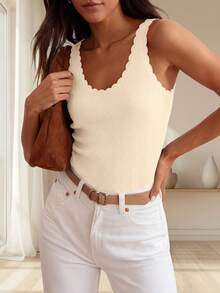 Womens Summer Sleeveless Tank Tops V Neck Ruffle Lightweight Ribbed Knit Shirt Casual Going Out Top - 米色 - 查看 3