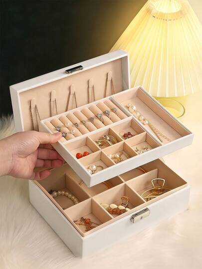 Hộp đựng trang sức hai lớp dung tích lớn, hộp đựng trang sức du lịch di động, hộp trưng bày và bảo quản, hộp trang sức bằng da có khóa, hộp trang sức nam, quà tặng nữ, vật dụng thiết yếu cho gia đình, du lịch, tựu trường, ý tưởng quà tặng, thích hợp để đựng bông tai, nhẫn, dây chuyền, vòng tay.
