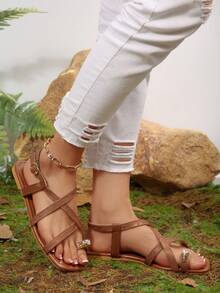 女士简约条纹人字拖平底凉鞋，时尚百搭舒适夏季新款平底凉鞋 - 摩卡棕 - 查看 3